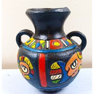 Handmade Mexican Folk Art Pottery Vase With Colorful Geometric Patterns & Dual H